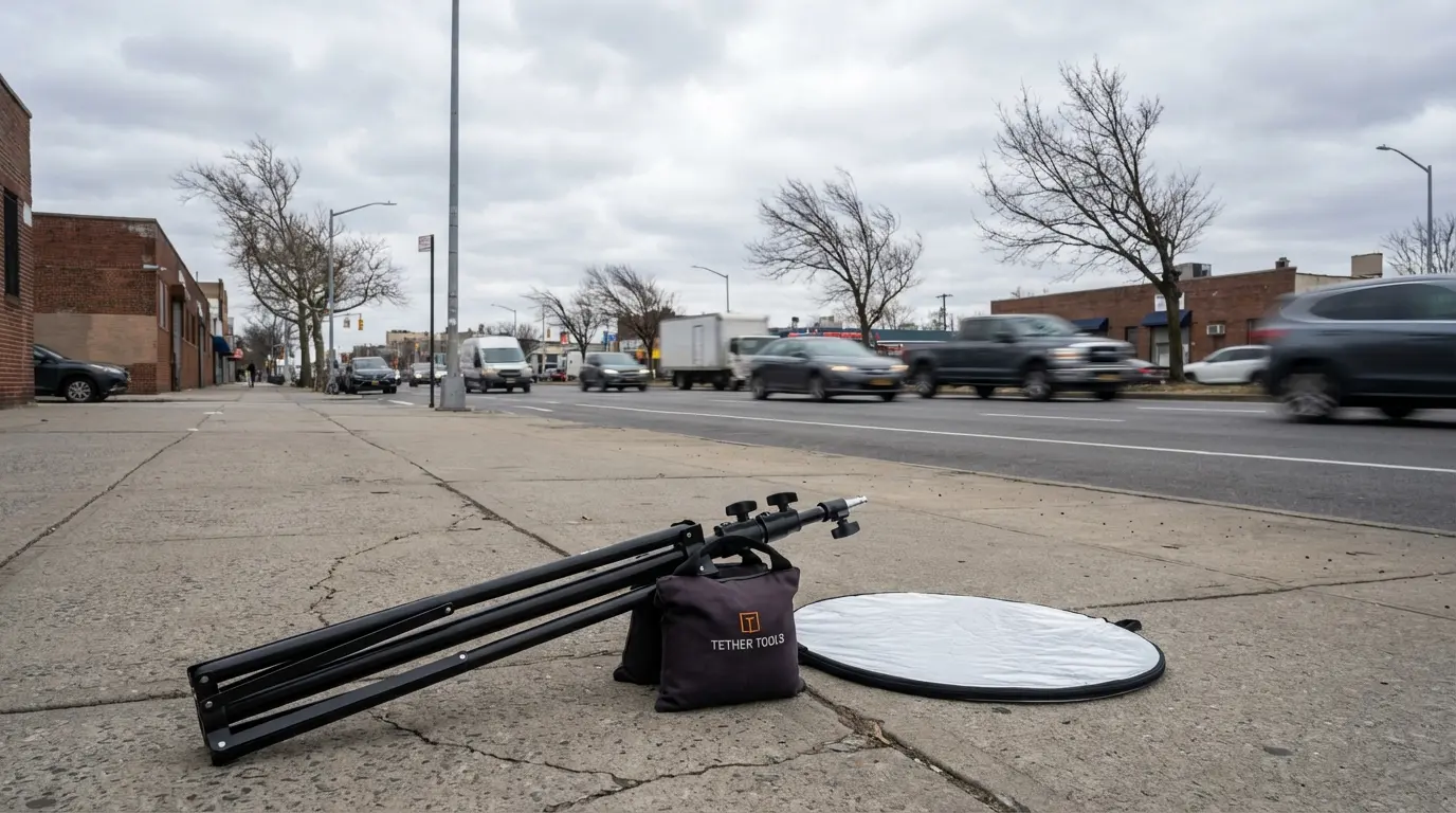 Wedding Photography, East Flatbush — compact photography gear on Linden Blvd showing wind-exposed boulevard conditions