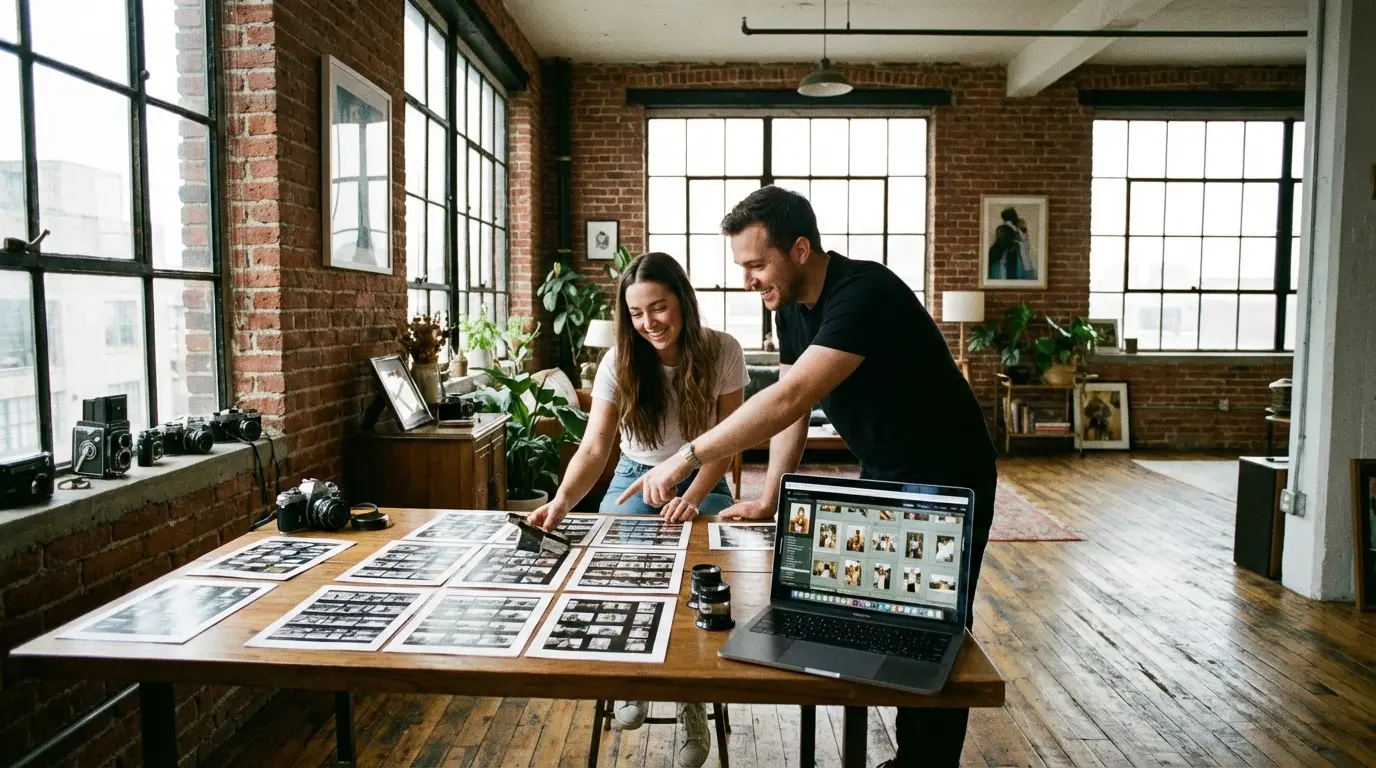 Wedding photography Bushwick loft studio proofing table with printed images and laptop