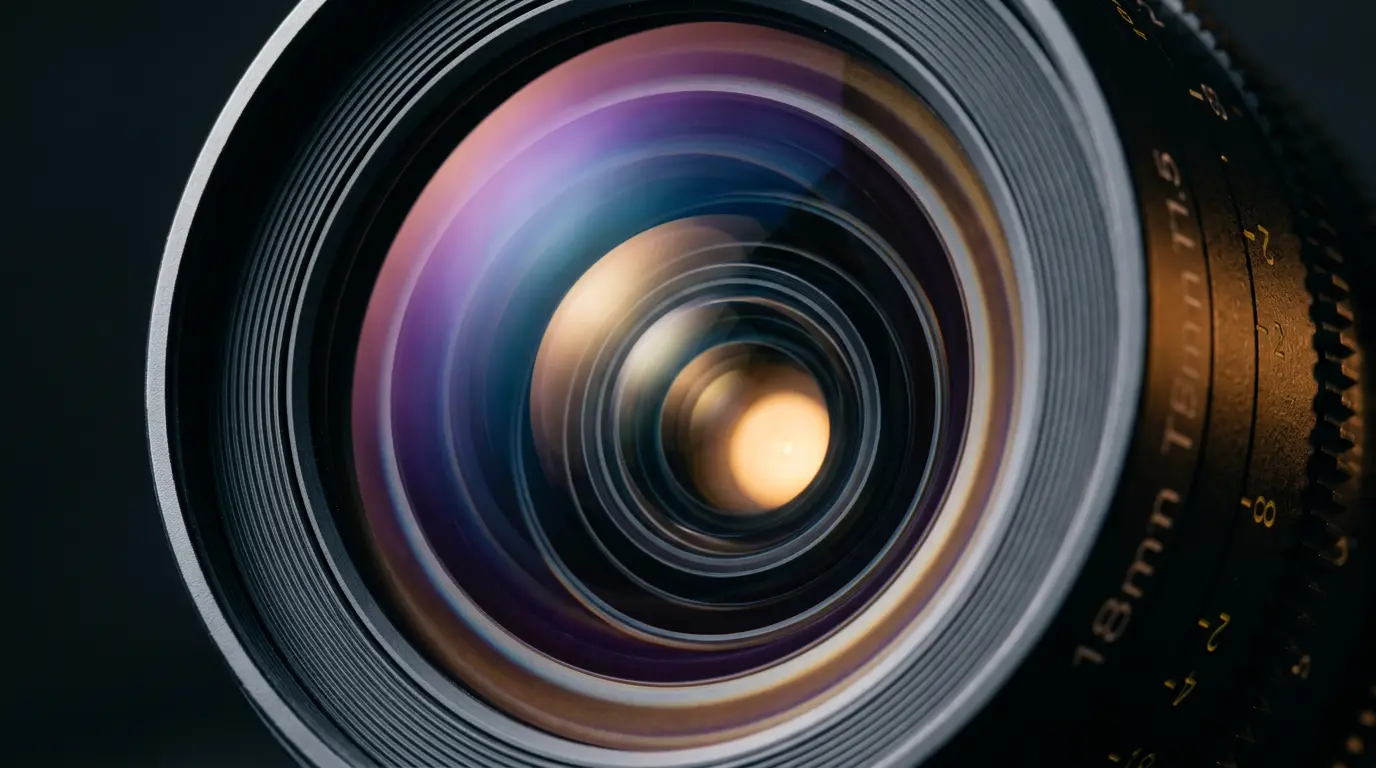 Macro close-up of cinema camera lens element with golden hour light reflection for Brooklyn video production service