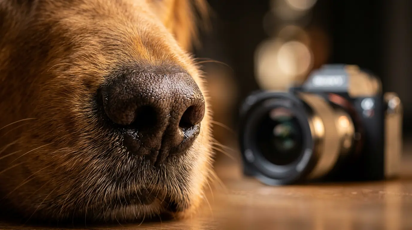 Macro close-up of dog's nose with camera lens bokeh in background for Brooklyn pet photography session