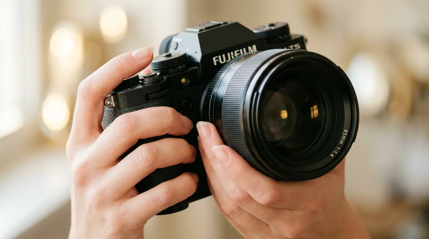Close-up of a photographer's hands holding a professional camera with a portrait lens and warm golden bokeh background