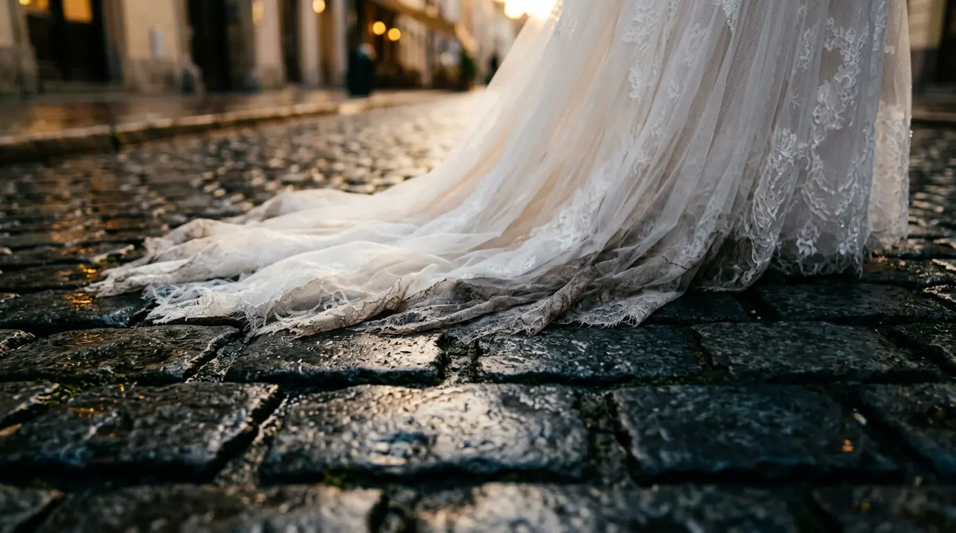 Close-up macro detail of white wedding gown train draped across wet Brooklyn cobblestones at golden hour for trash-the-dress photography session