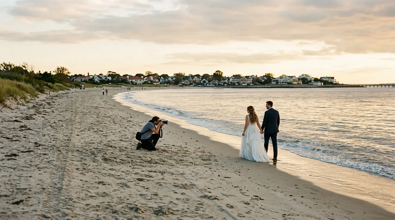 Beach wedding photography session at Manhattan Beach in Brooklyn with photographer kneeling on sand and couple standing near the waterline