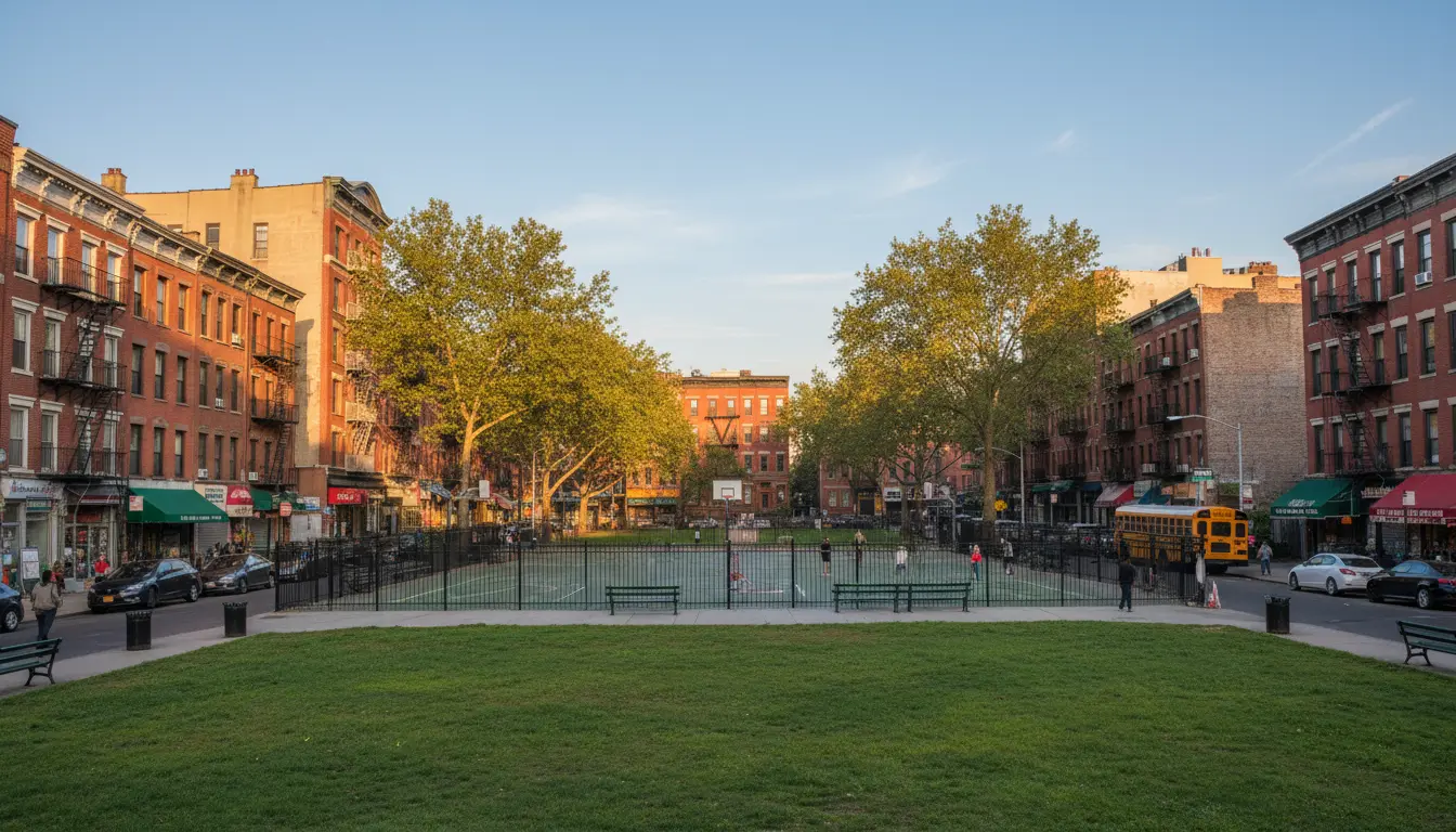 Wedding photography Bushwick Maria Hernandez Park street-level view with park and adjacent brick buildings