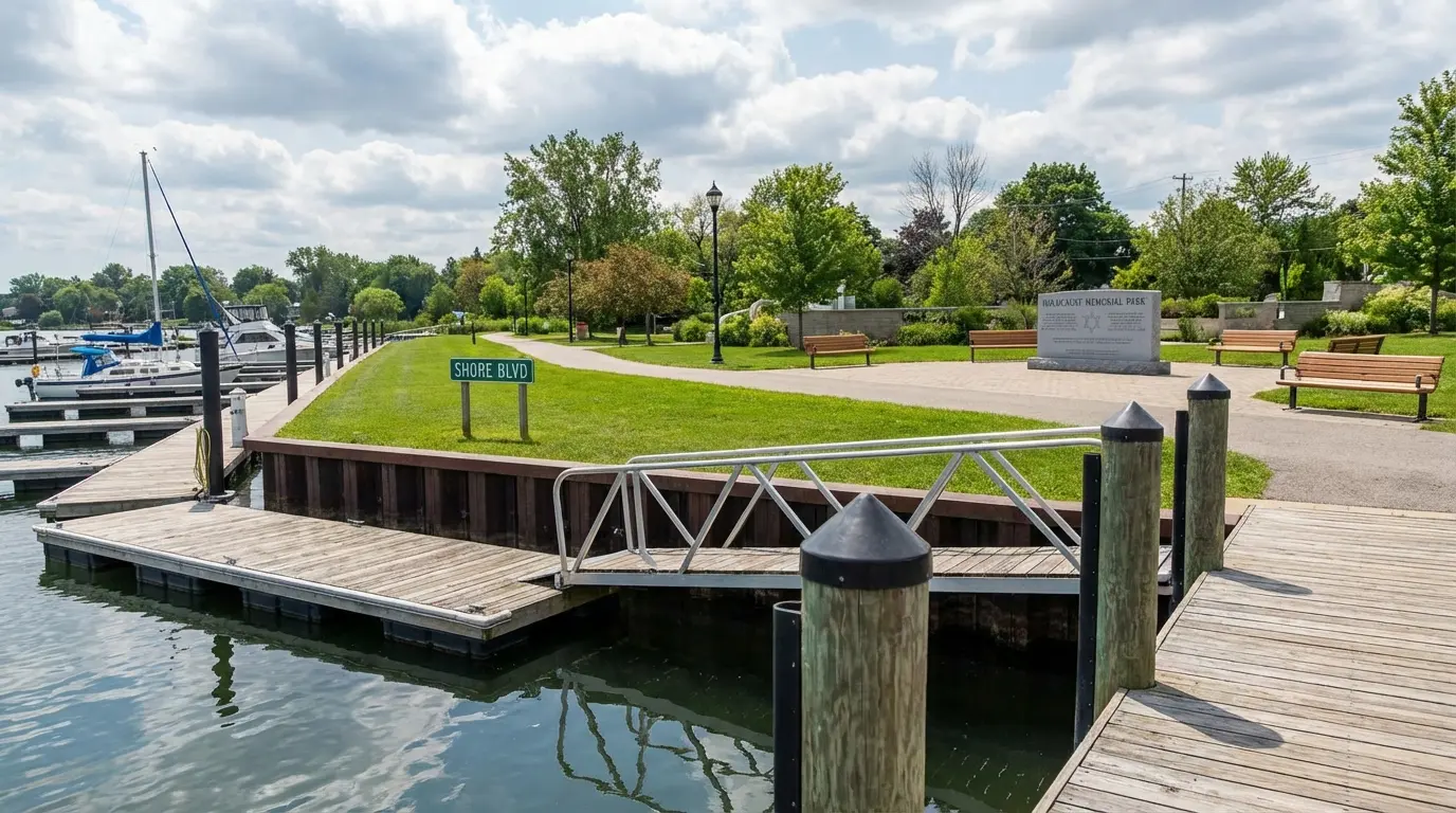 Wedding photography Sheepshead Bay showing Sheepshead Bay Marina piers and Holocaust Memorial Park path