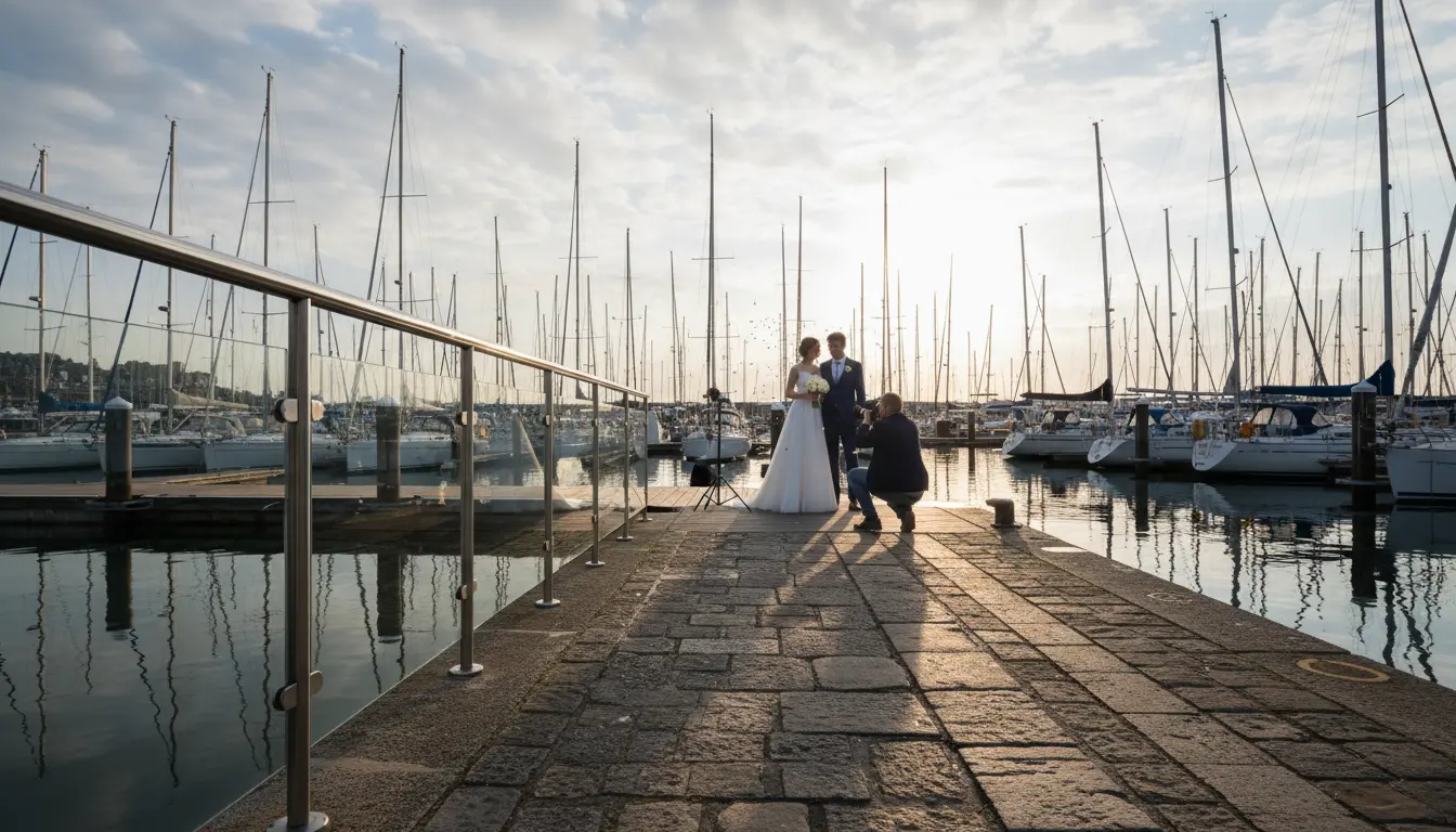Wedding photography Sheepshead Bay waterfront shoot location near Sheepshead Bay Marina showing docks and railing