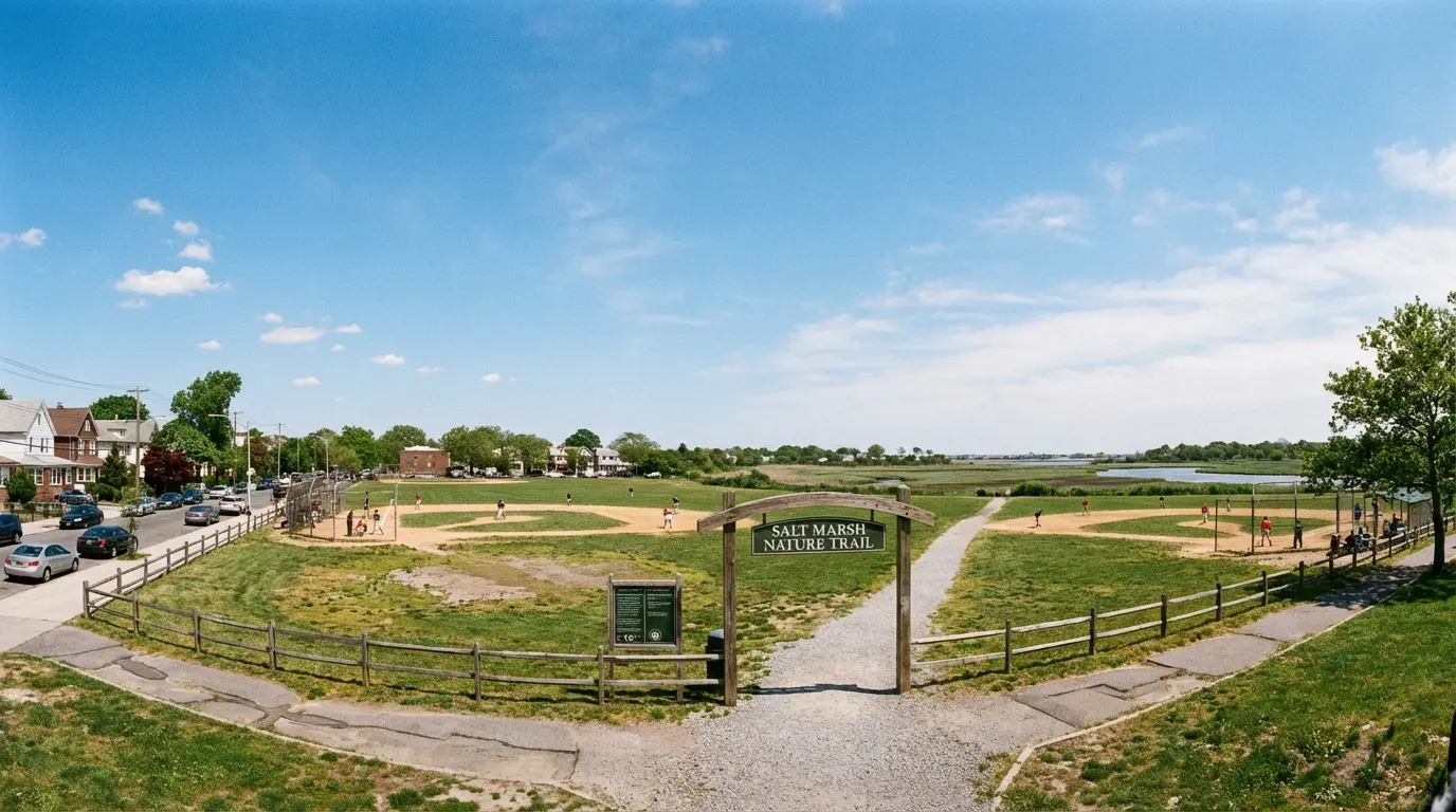 Wedding Photography Marine Park view of Marine Park ballfields and Salt Marsh trail entrance