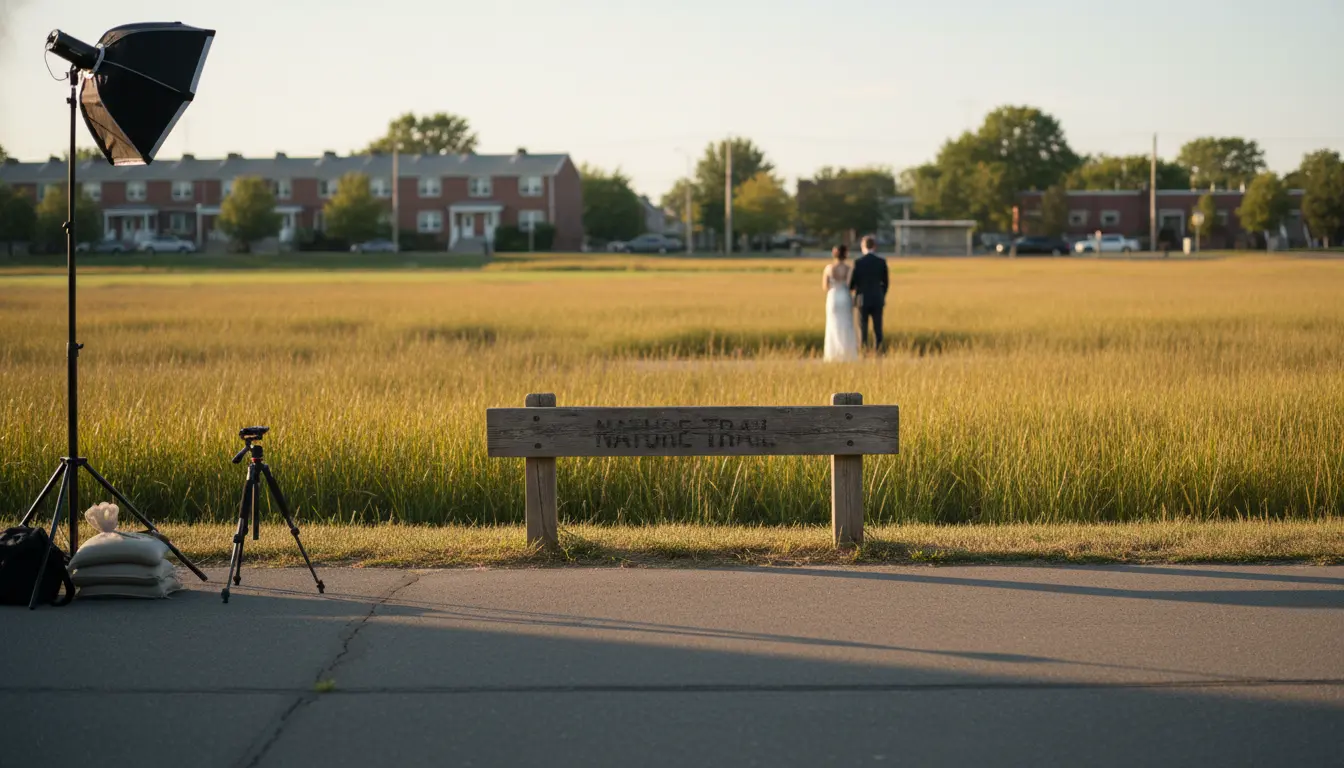 Wedding photographer Marine Park Brooklyn: sandbagged light stand and tripod beside park path and nature-trail marker