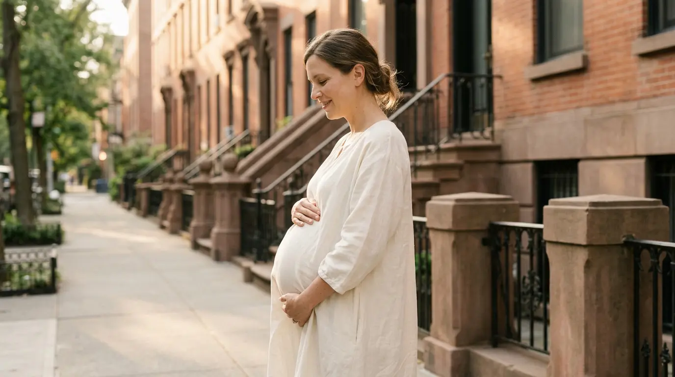 Pregnant woman in natural light during outdoor maternity photography session on Brooklyn brownstone street with Vera Starling