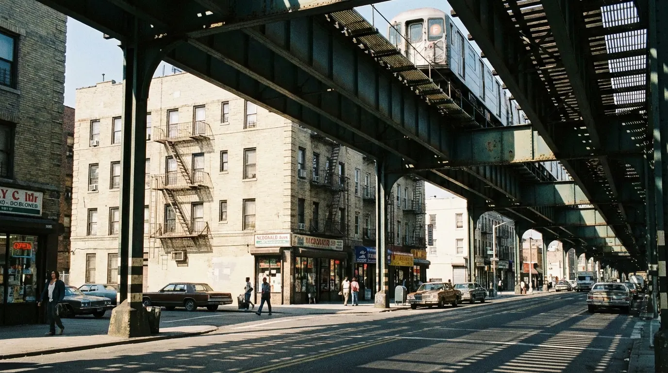 Wedding Photography Gravesend - McDonald Avenue under the elevated F line with low-rise brick housing and linear shadows