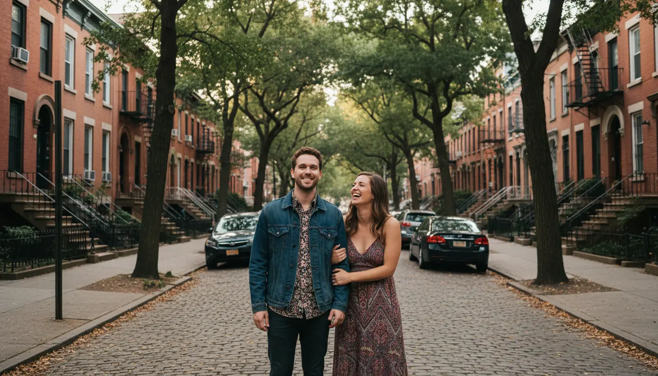 Wedding Photography, East Flatbush — realistic couple portrait on tree-lined mid-block