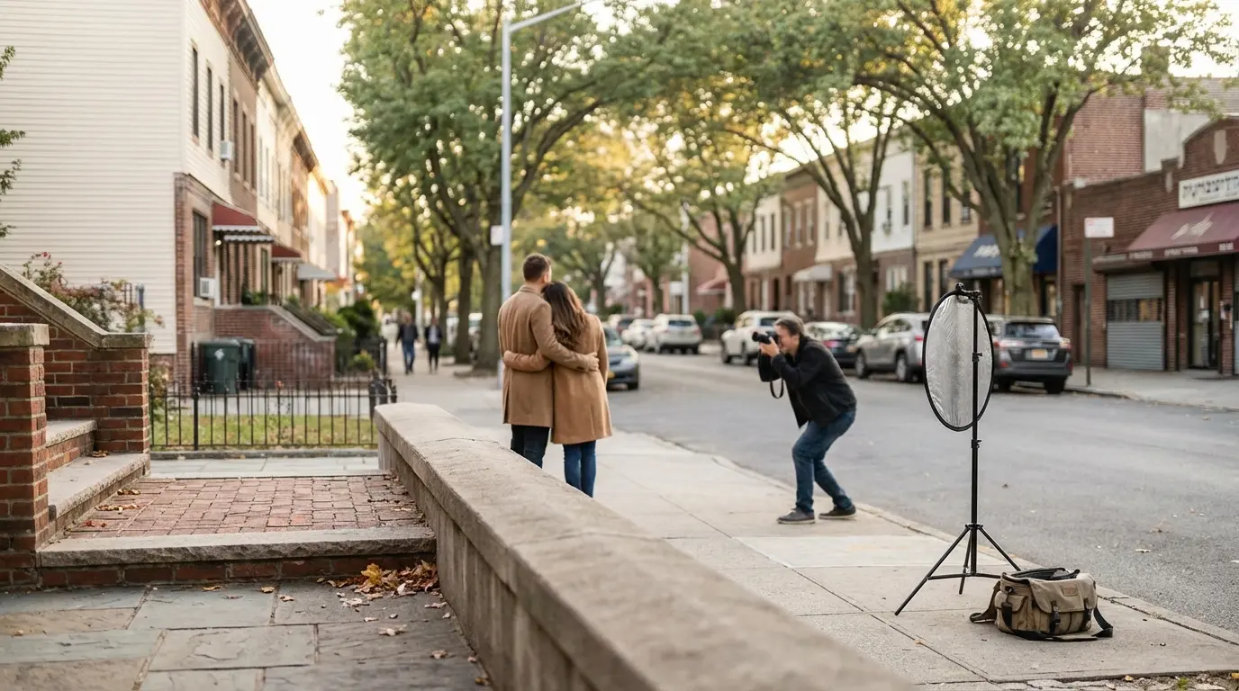 Wedding photographer Midwood, Brooklyn — compact on‑sidewalk portrait setup with light stand and reflector on a tree-lined residential block