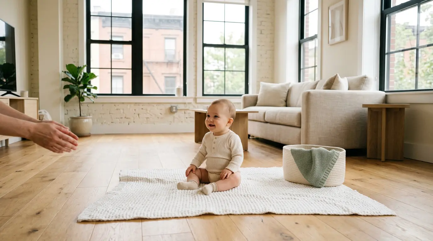 milestone baby photography Brooklyn NY in-home session six month old natural window light apartment