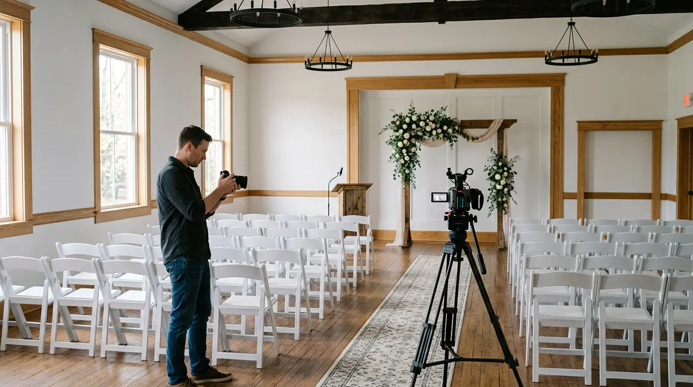 Multi-camera wedding videography ceremony setup inside Brooklyn event venue with rear tripod and front handheld operator