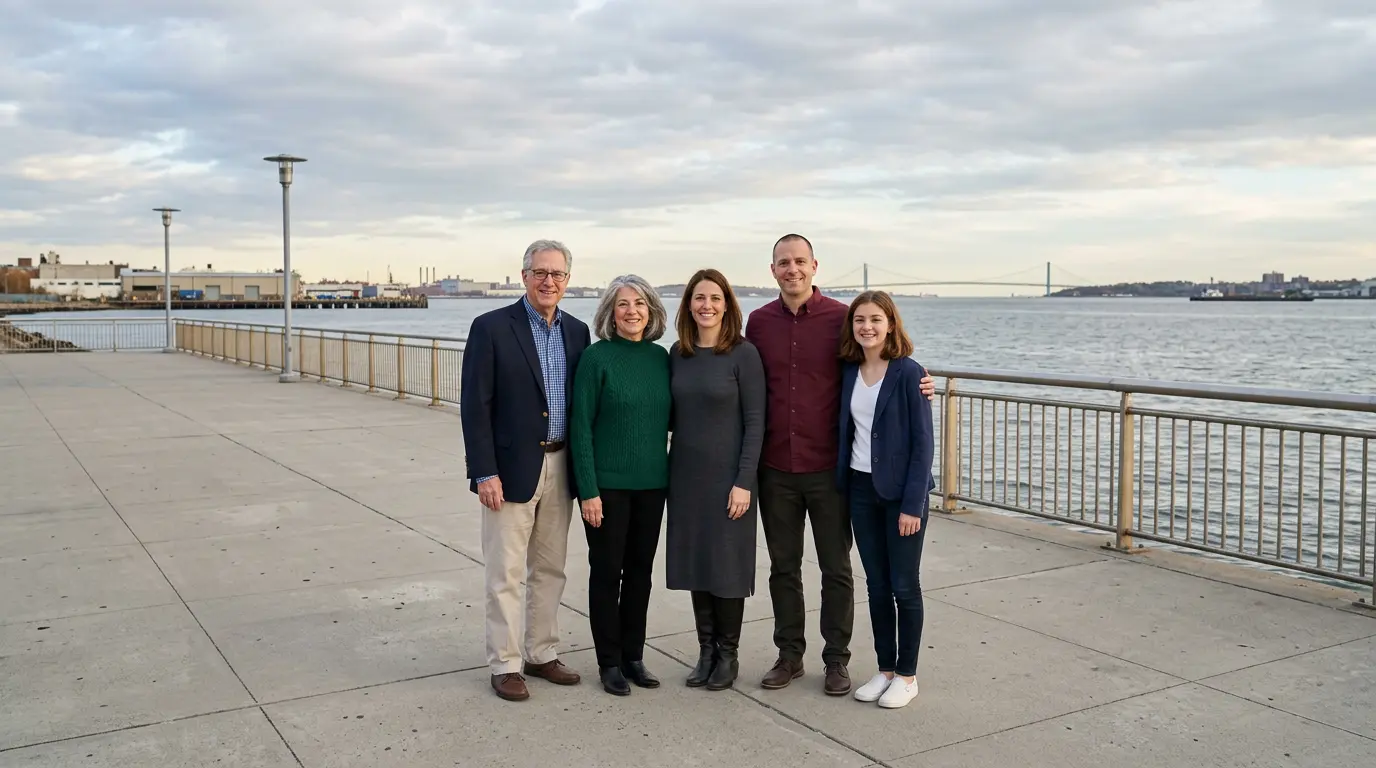 Multi-generational family portrait session Bensonhurst Brooklyn waterfront location