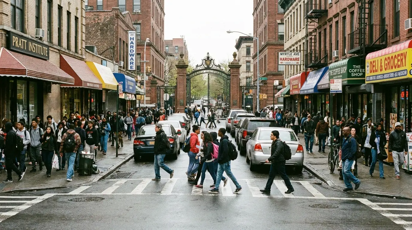 Wedding Photography Clinton Hill — Myrtle Avenue retail strip with awnings and pedestrian activity