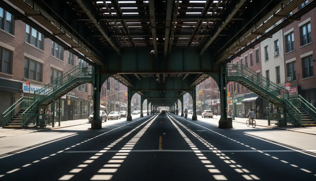 Wedding photography Bushwick Myrtle–Broadway elevated tracks showing shadows and subway access
