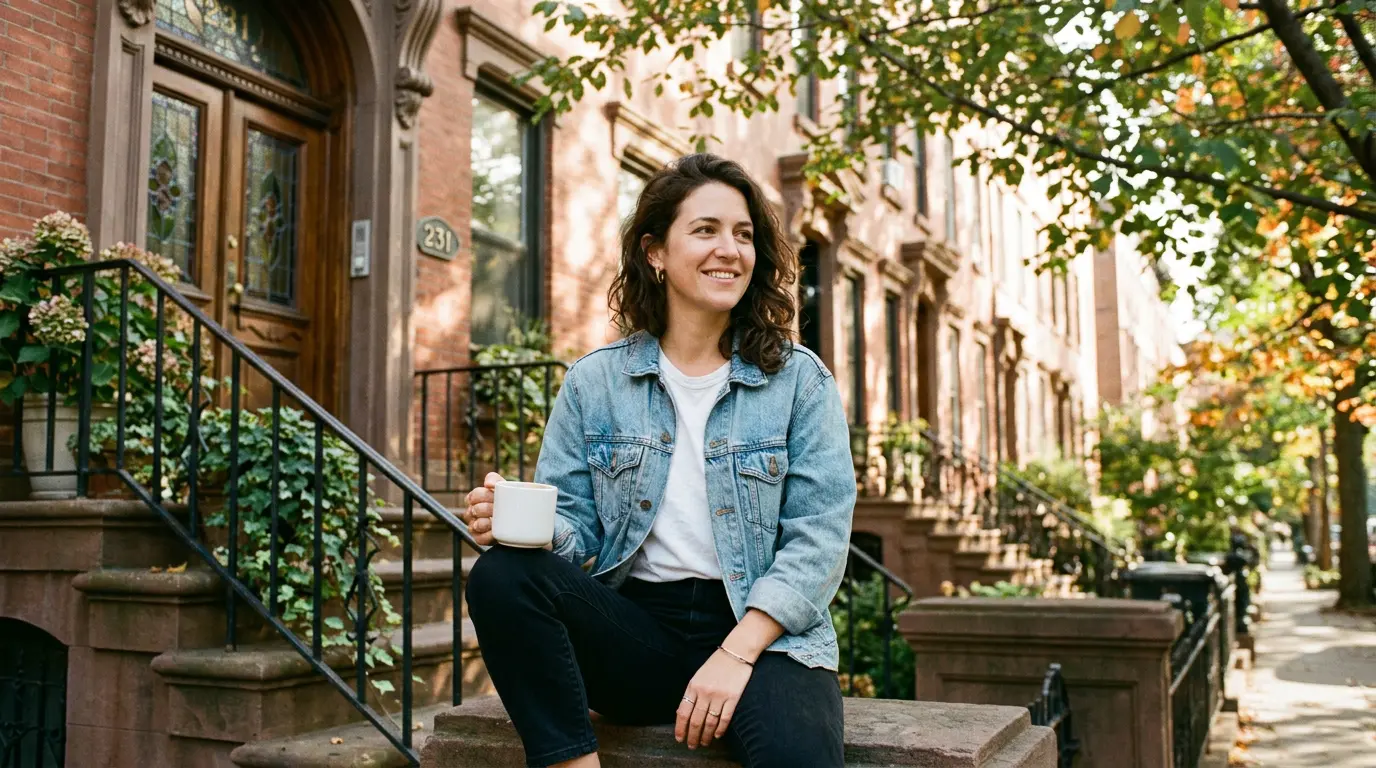 Natural relaxed portrait moment Clinton Hill brownstone Brooklyn outdoor session