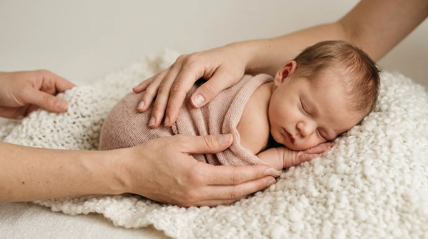 Newborn photography safety posing with visible spotter hand support during Brooklyn session