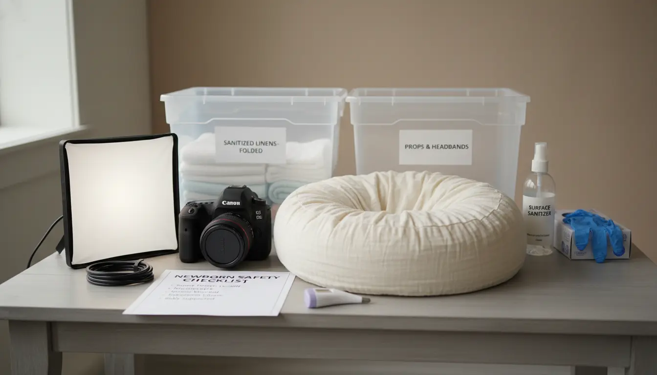 Newborn photography equipment and sanitation station in Brooklyn studio