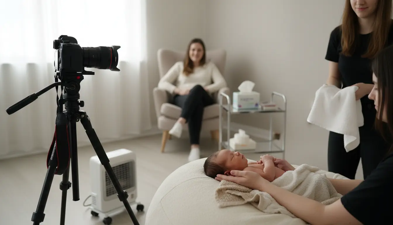newborn photography Brooklyn studio setup with spotter hands supporting baby