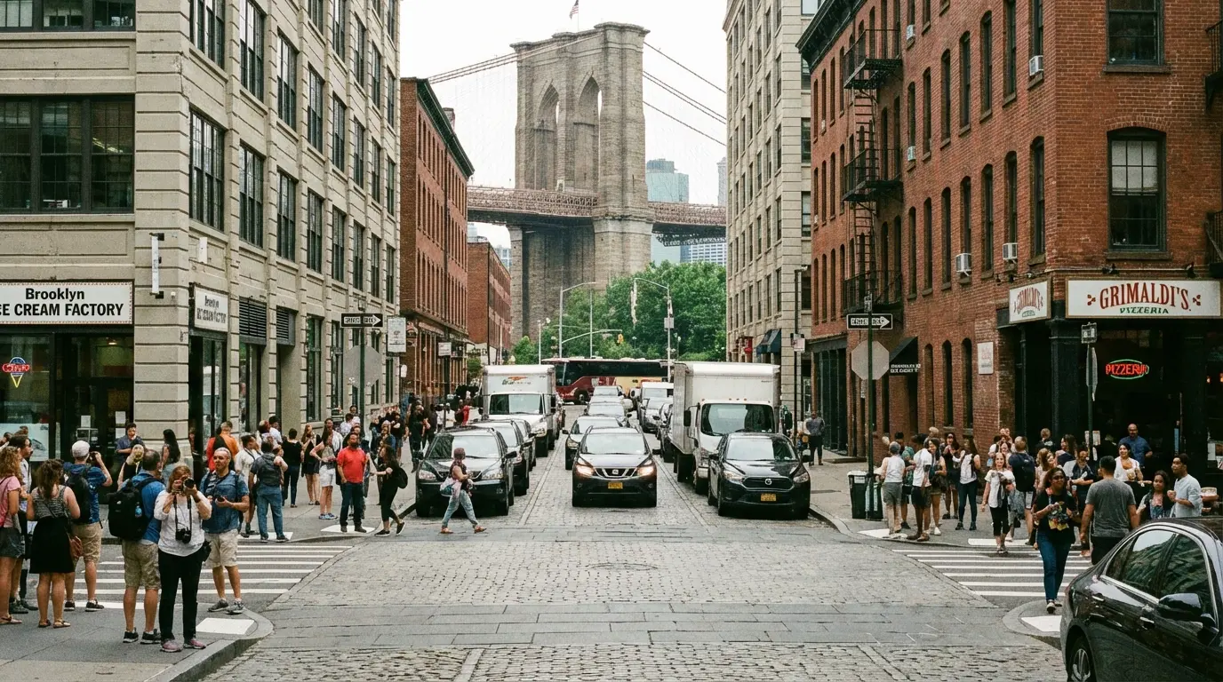 Wedding photography Brooklyn Heights: Old Fulton Street slope between DUMBO and Brooklyn Heights showing steep grade, pedestrian flow and curbside vehicle activity.