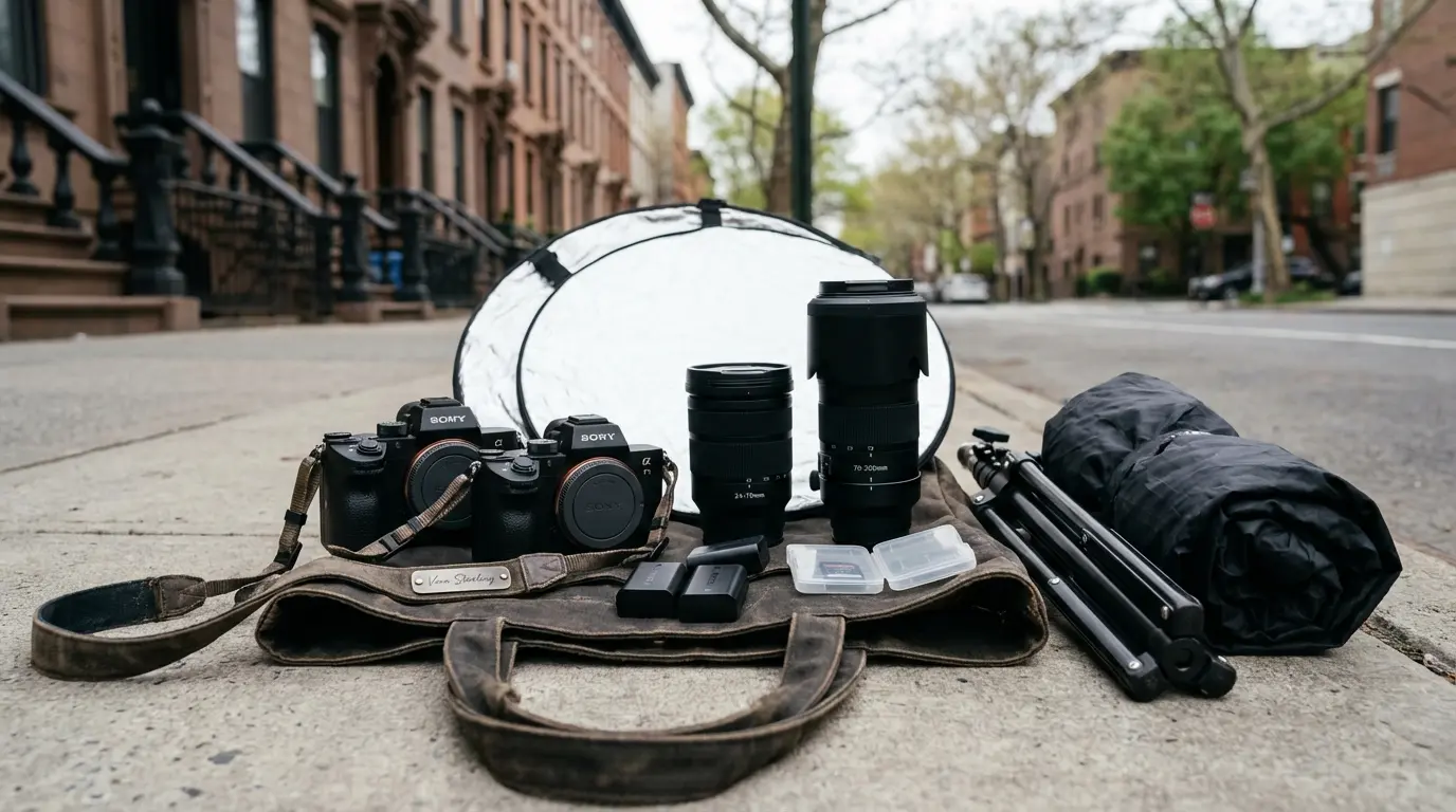Wedding family photography equipment in Brooklyn showing camera bodies, lenses, and backup gear on-site