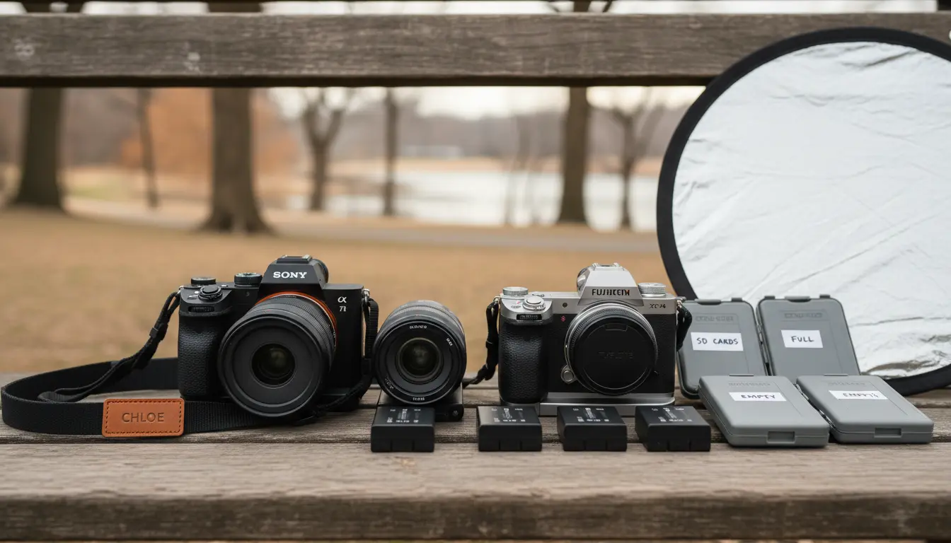 Engagement photography Brooklyn camera gear and lenses on bench