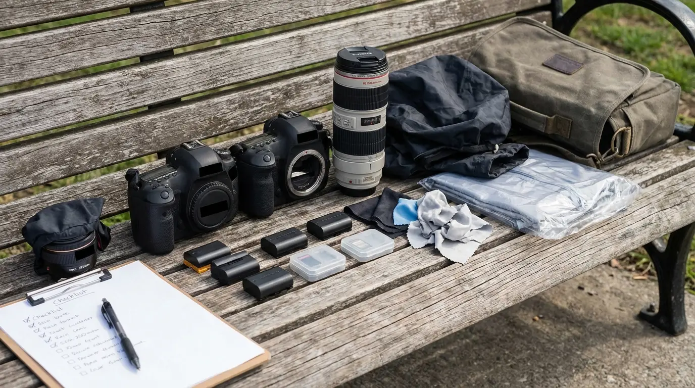 Trash-the-dress photography equipment kit in Brooklyn showing cameras lenses rain covers and dress protection
