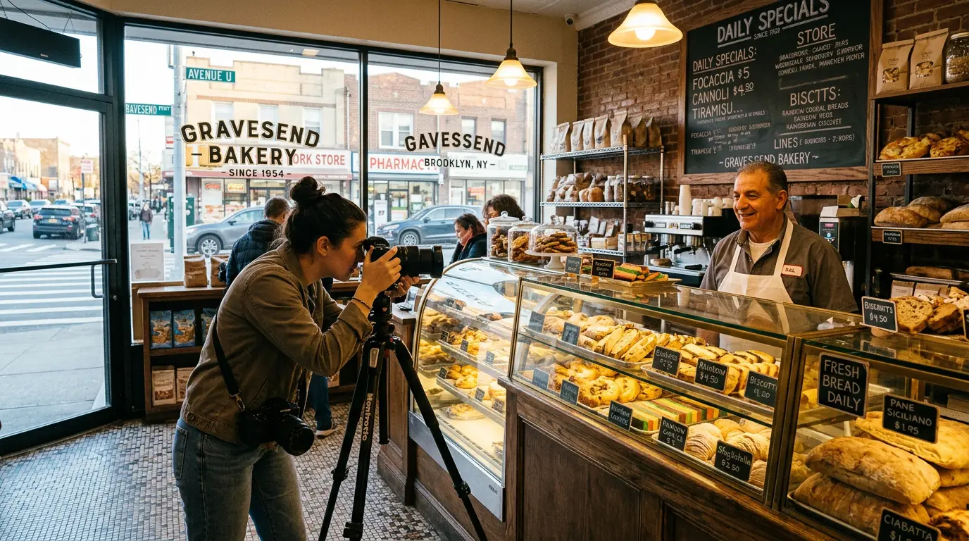 On-location commercial food photography session outside a Gravesend Brooklyn restaurant storefront on Avenue U