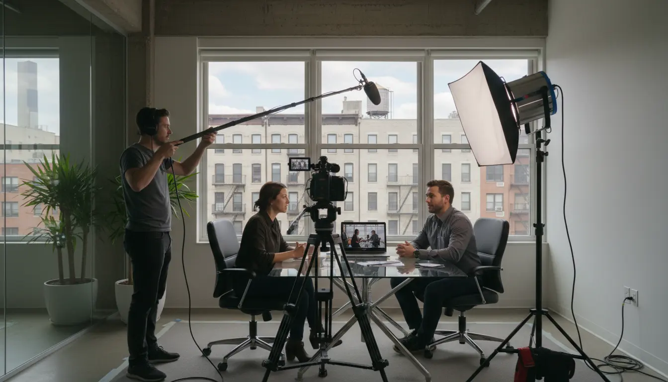 Commercial video production Brooklyn - crew filming inside a Brooklyn office with lights, camera and boom mic