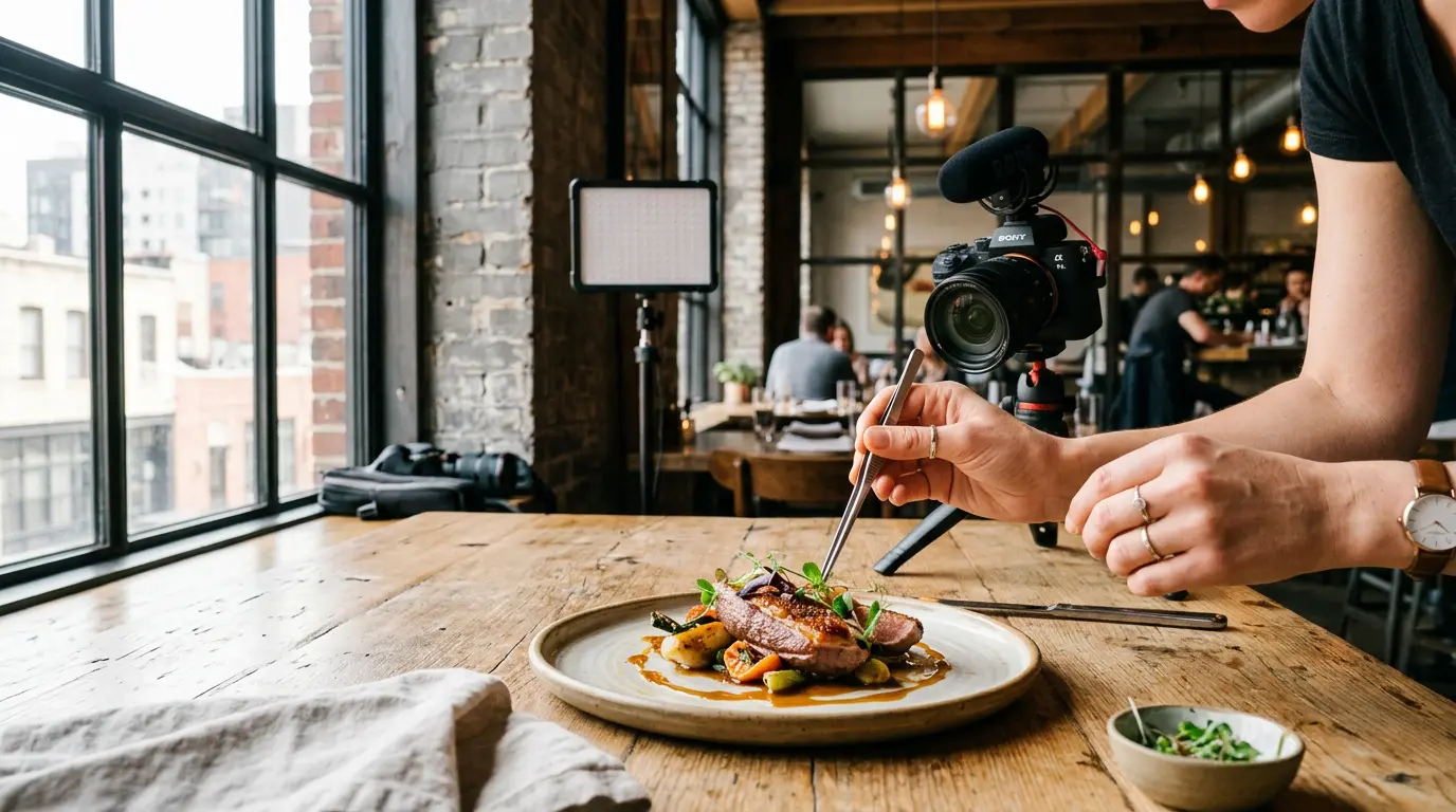 food photographer composing dish shot at Brooklyn restaurant table with natural sidelight through industrial window