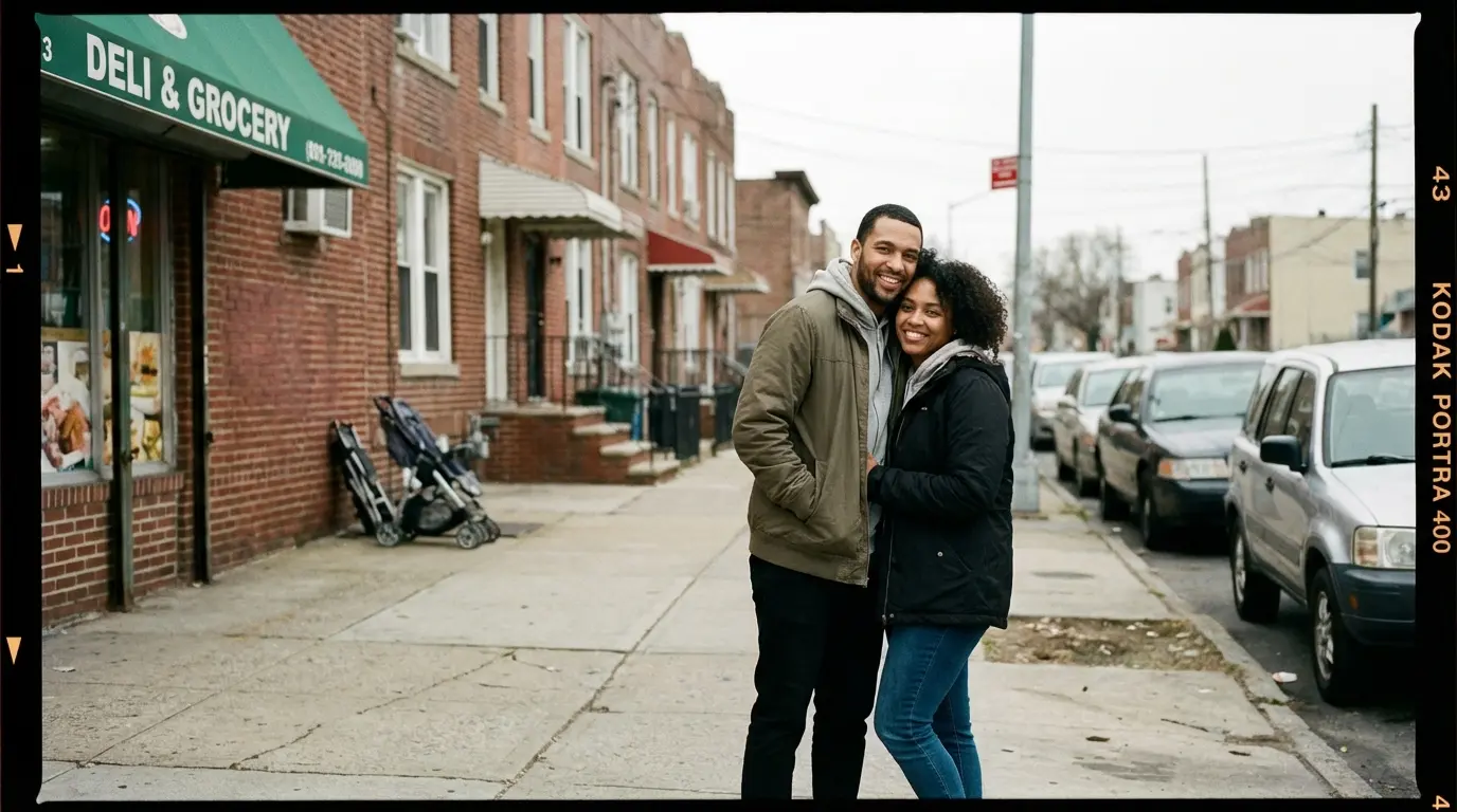 Wedding photography East New York on-location frame with rowhouses and corner store in background