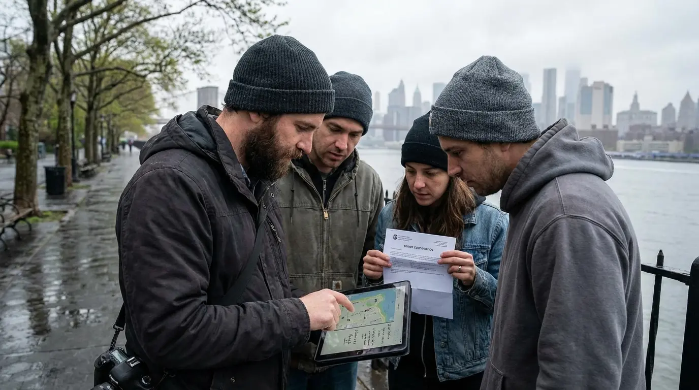 Pre-wedding session planning in Brooklyn showing photographer and couple reviewing tablet map and permit on Brooklyn Heights Promenade