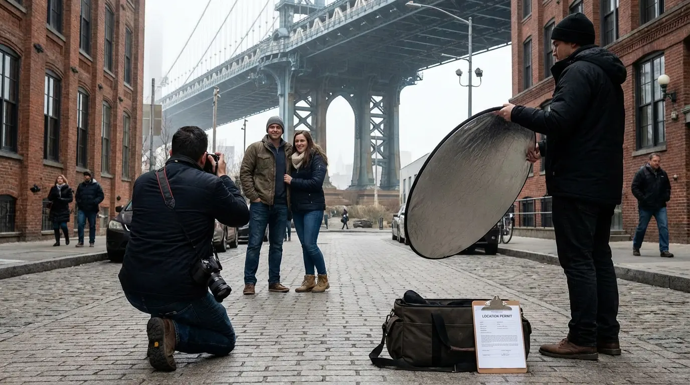 on-location portrait session DUMBO Brooklyn Manhattan Bridge visible photographer with reflector