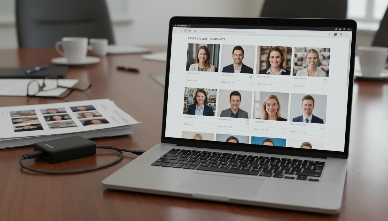 Corporate headshot proof gallery on laptop in Brooklyn showing thumbnails, filenames, and selection interface