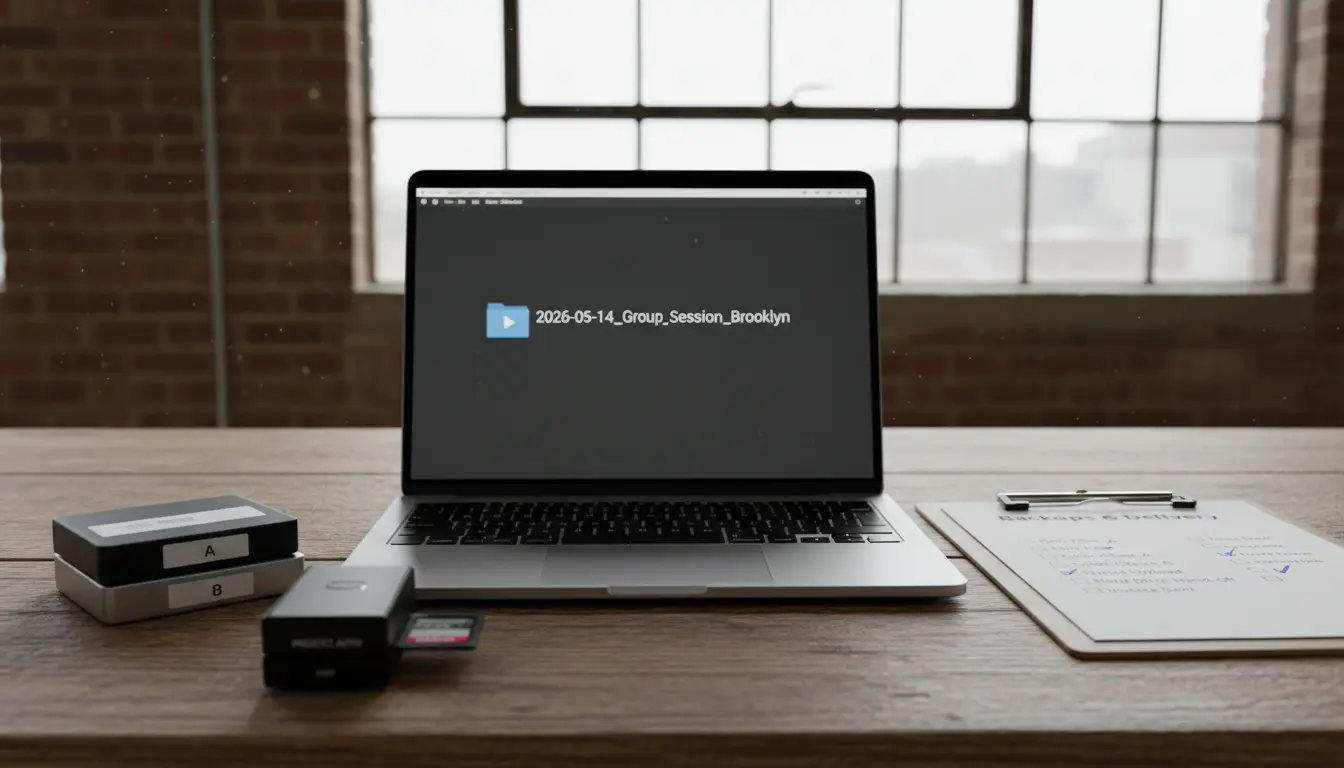 group photography Brooklyn on-site backup drives laptop showing client gallery files