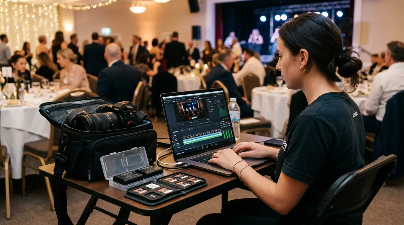On-site event video monitoring with backup camera body and memory cards during live Brooklyn event production