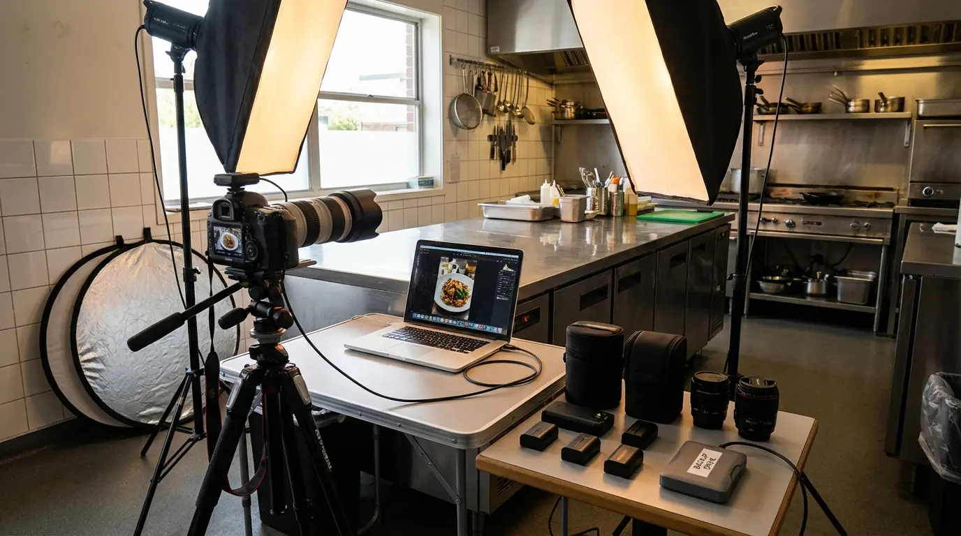 Food photography Brooklyn: tethered camera with lighting gear and laptop