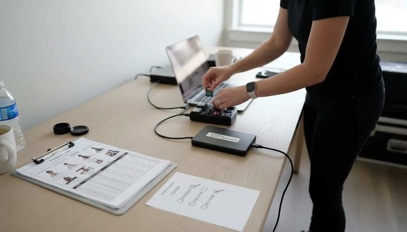 Wedding photo and video data ingest and backup process in Brooklyn showing card reader and external SSD