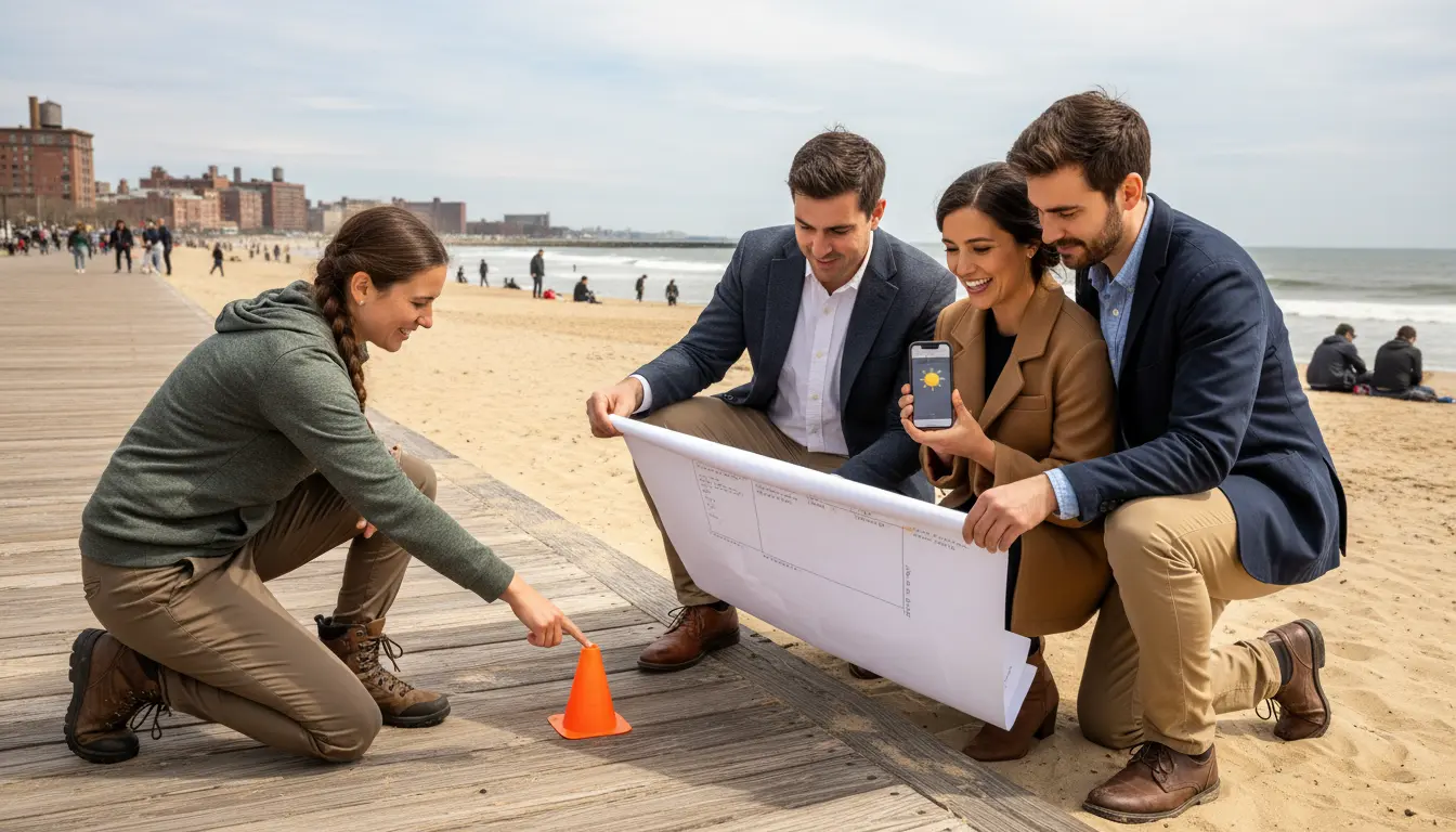 beach wedding photography Brooklyn photographer scouting location with couple and timeline