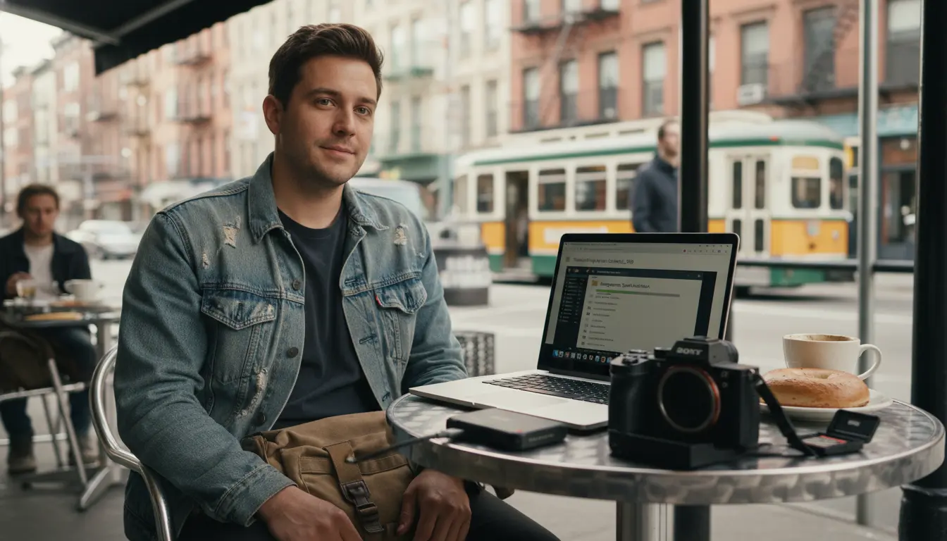 Engagement photography Brooklyn on-site photo backup to laptop