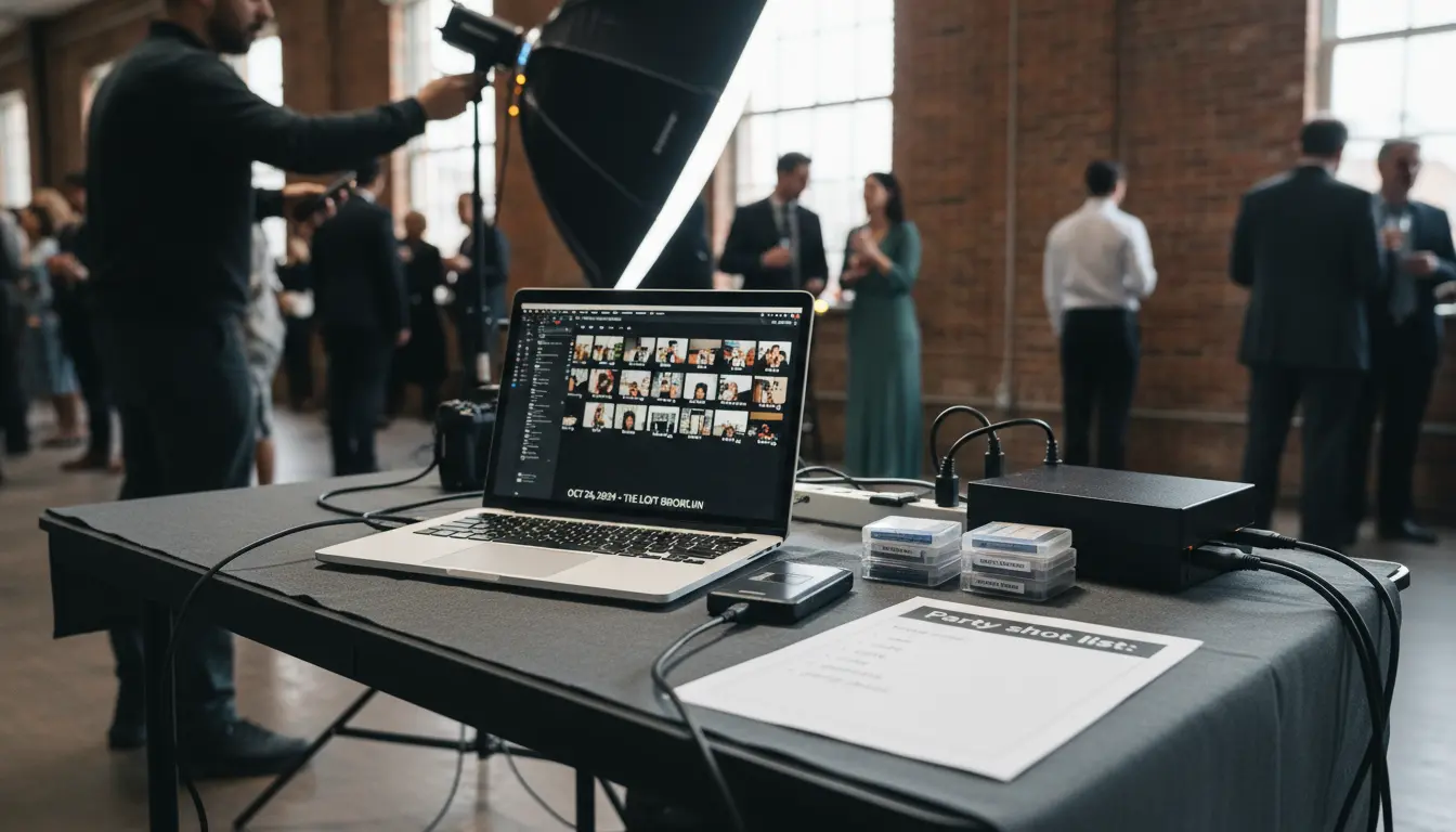 party photography Brooklyn on-site setup with tethered laptop, memory cards, and checklist