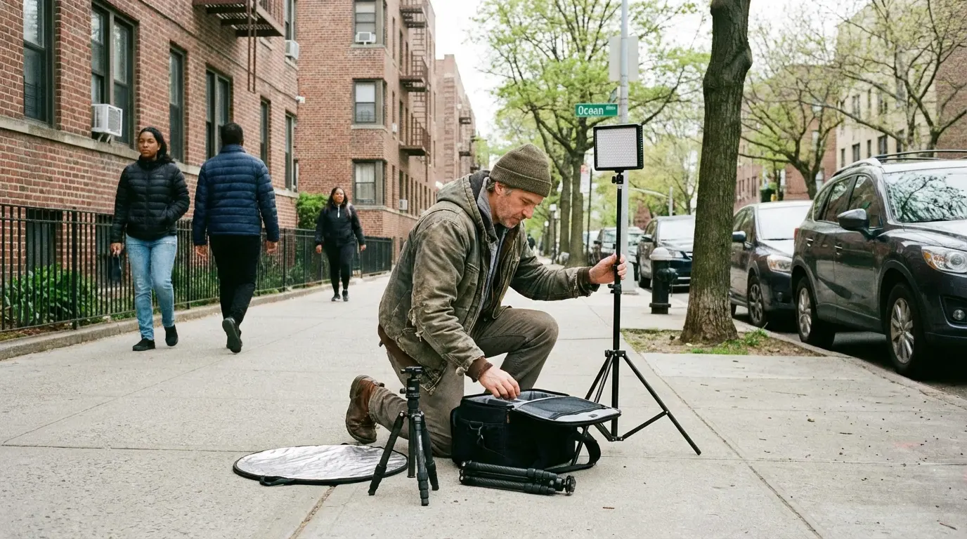 Wedding Photography Midwood — photographer setup with compact gear on a Midwood residential sidewalk