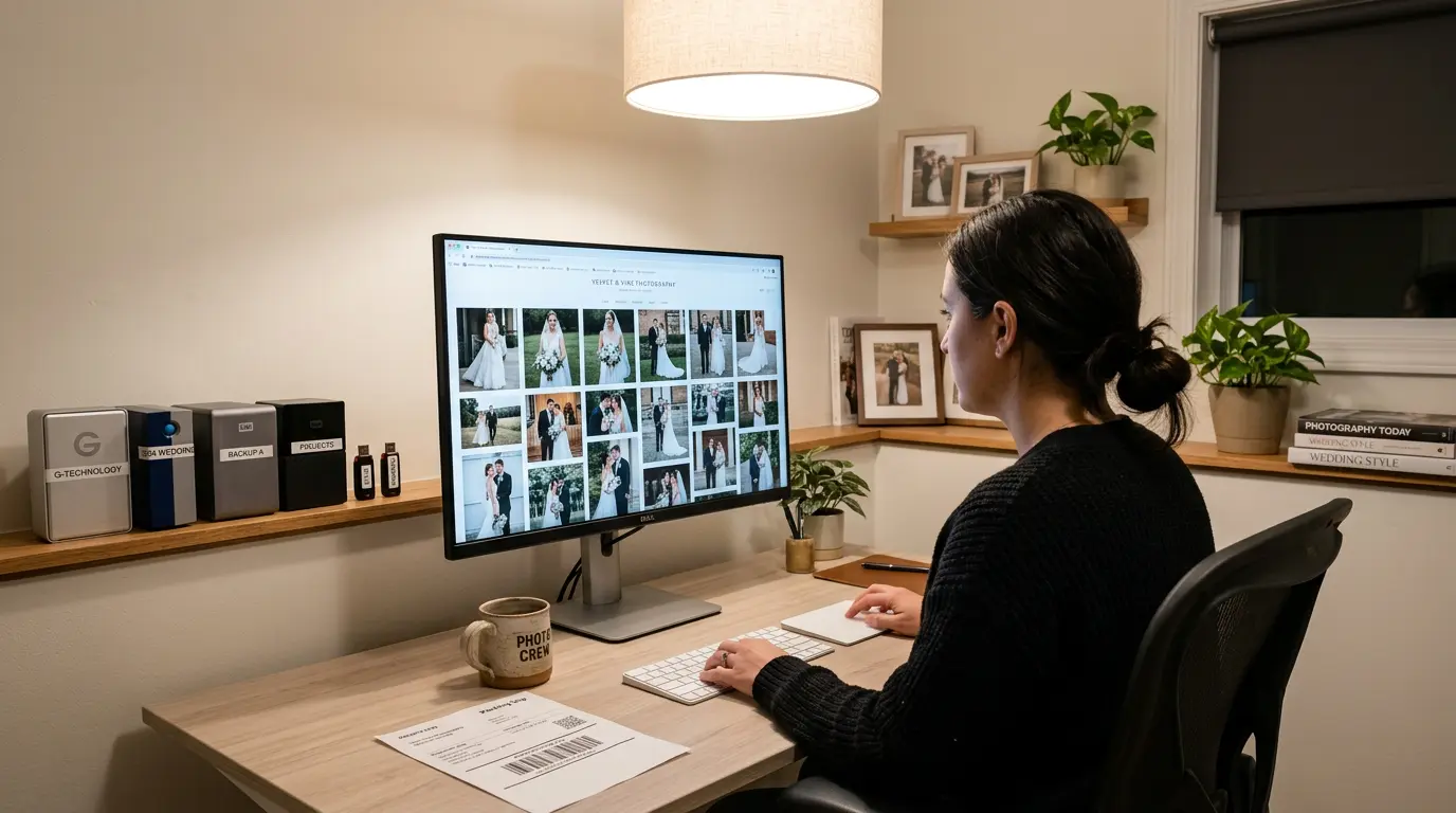 Online bridal photography gallery delivery on monitor with hard drive backup storage in Brooklyn studio