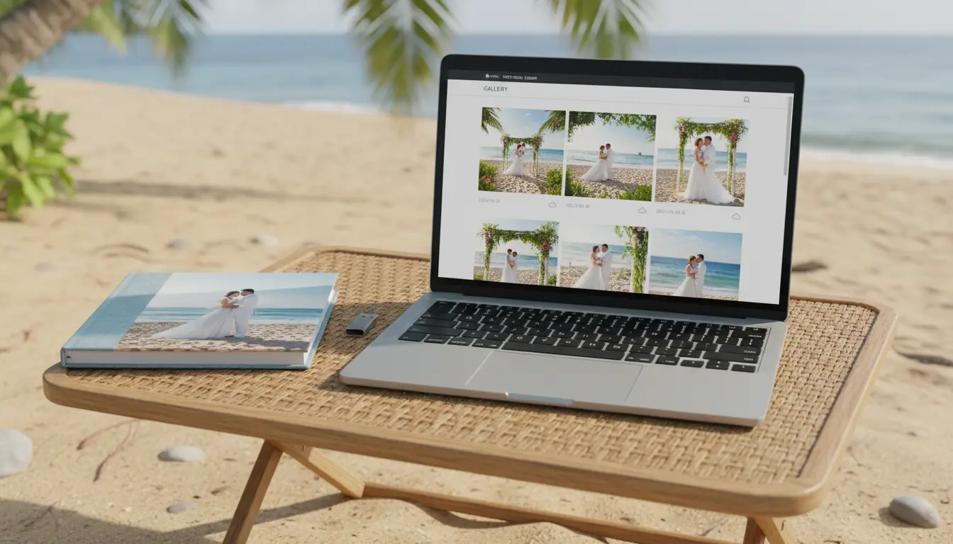 beach wedding photography Brooklyn online gallery on laptop showing beach wedding thumbnails