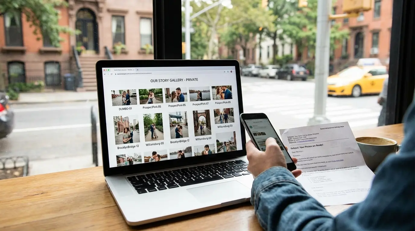 Pre-wedding photoshoot delivery in Brooklyn showing online gallery of Brooklyn session images on a laptop