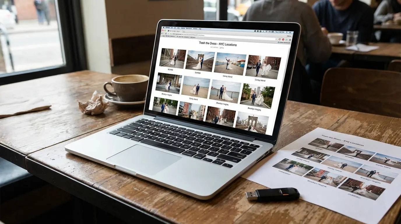 Trash-the-dress delivery in Brooklyn showing online gallery thumbnails labeled DUMBO Coney Island Brooklyn Heights