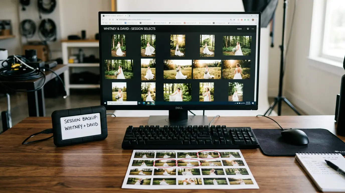 Trash-the-dress image delivery setup showing online gallery on monitor and portable hard drive for Brooklyn photography clients