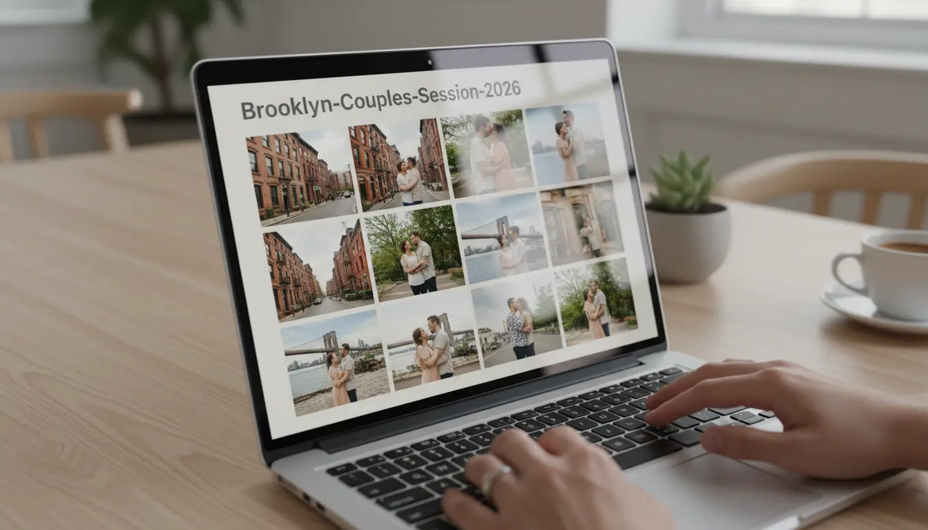 couples photography Brooklyn online gallery thumbnails on laptop screen